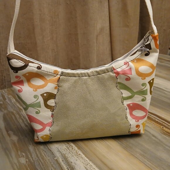 New Birds theme Top handle Shoulder Bag Purse Green Suede Mult Crescent Baguette - Picture 3 of 7